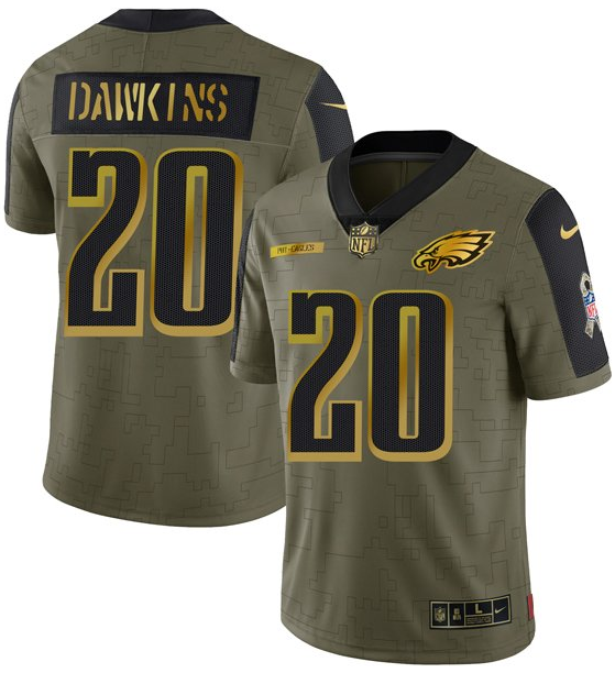 Men's Philadelphia Eagles #20 Brian Dawkins 2021 Olive Salute To Service Golden Limited Stitched Jersey